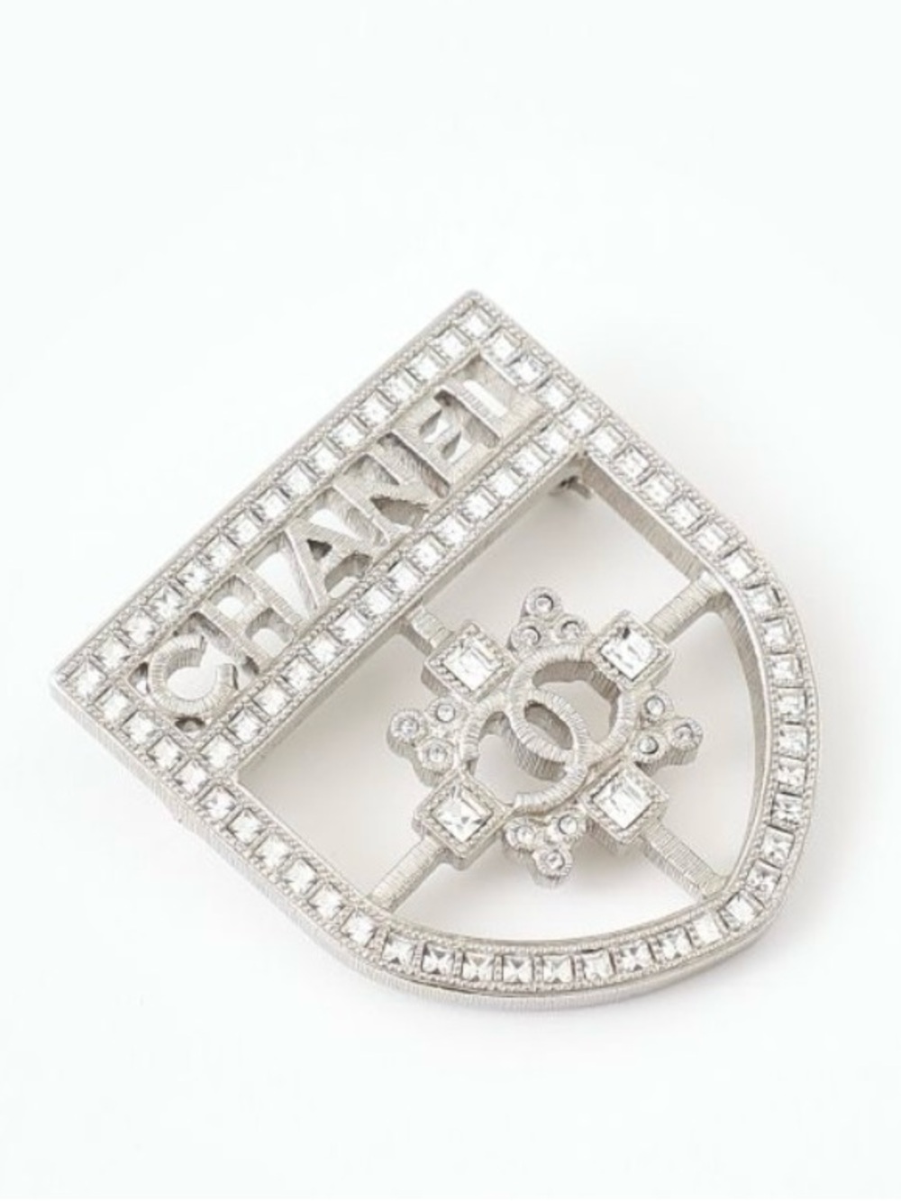 Double C Paris - Salzburg Crystal Logo Silver -Tone  Shield Brooch